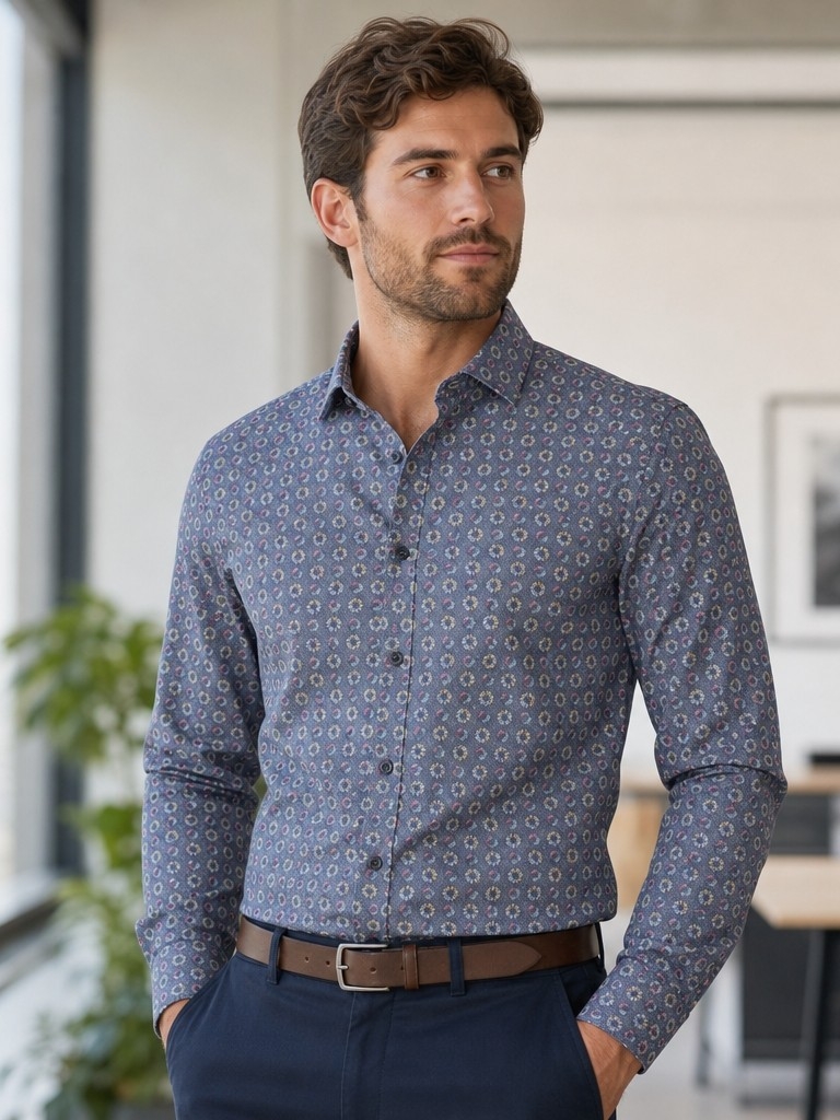Bugatchi Men’s Long Sleeve Button Up Dress Shirt Blue Geometric Stretch Large
